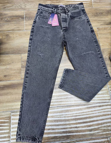 شلوار جین مام فیت ذغالی روشن پارچه جین کجراه