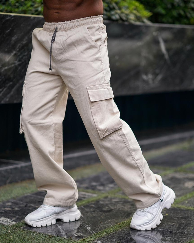 شلوار کارگو کرم مردانه پارچه جین کجراه پنبه سنگشور