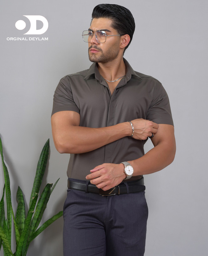 پیراهن مردانه سبز زیتونی آستین کوتاه