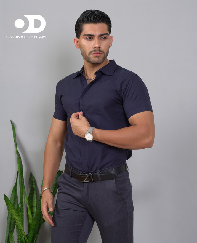 پیراهن مردانه سرمه ای آستین کوتاه