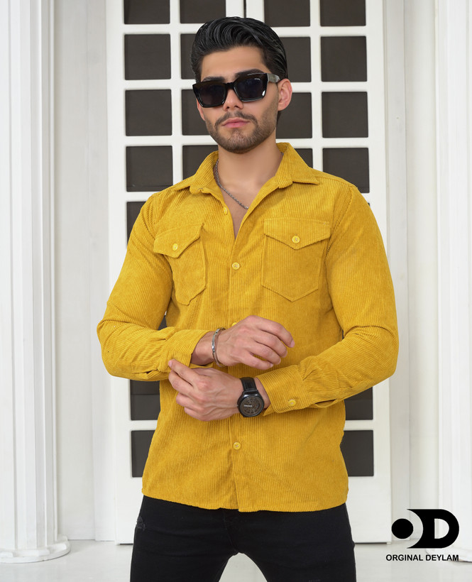 پیراهن مخمل کبریتی خردلی مردانه | تولید اورجینال دیلم