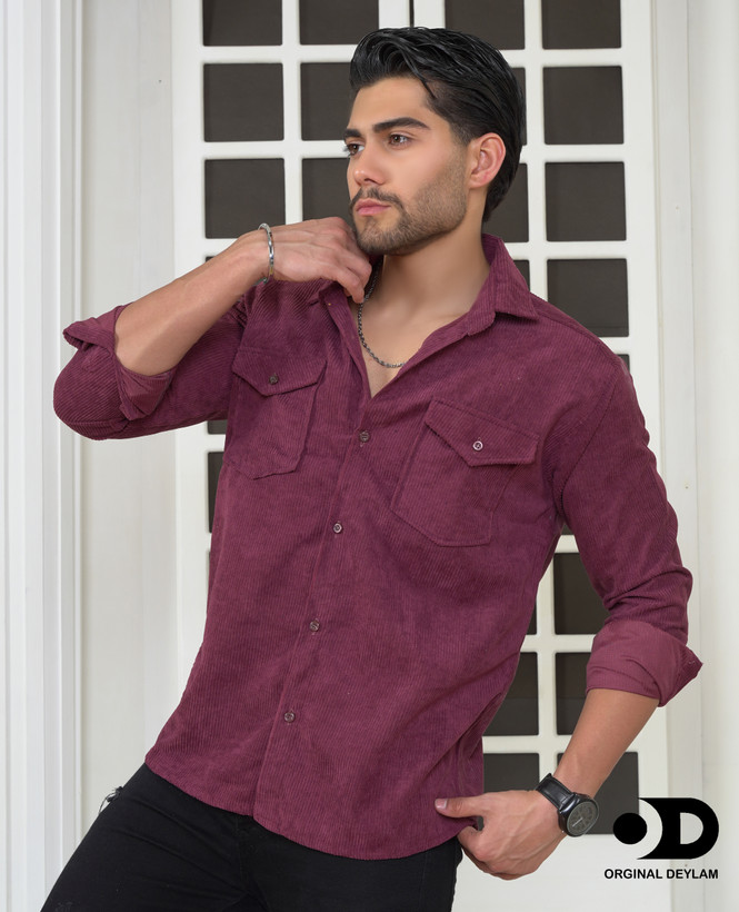 پیراهن مخمل کبریتی بادمجونی مردانه | تولید اورجینال دیلم