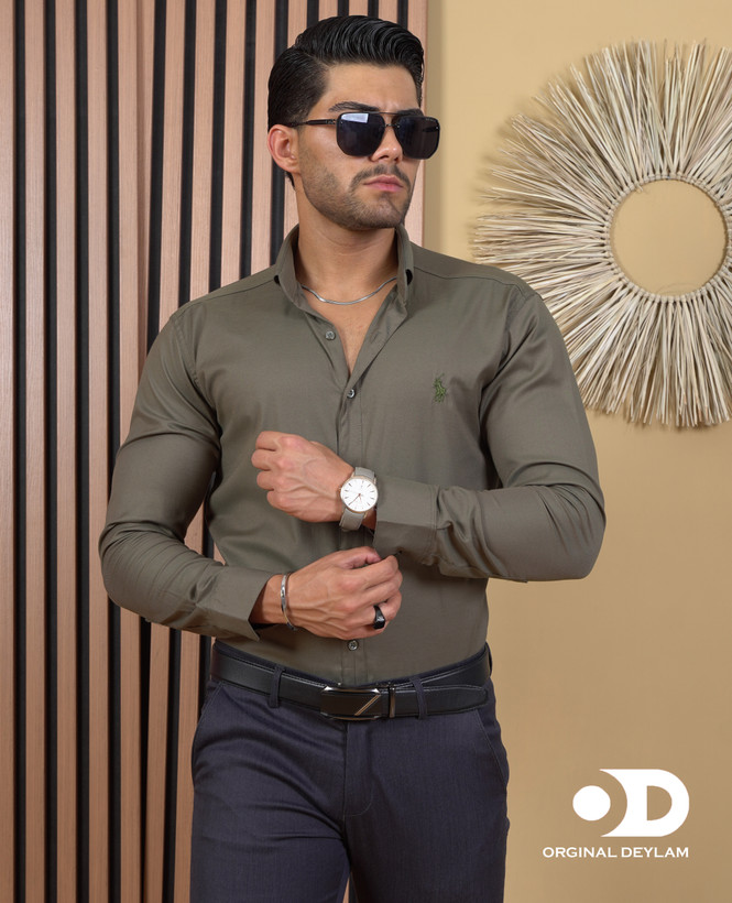 پیراهن سبز زیتونی پولو شانلی کش مردانه کد ۵۷۷