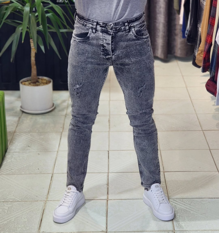 شلوار جین اسلیم فیت راسته مردانه رنگ طوسی سنگشور فول کش اعلا