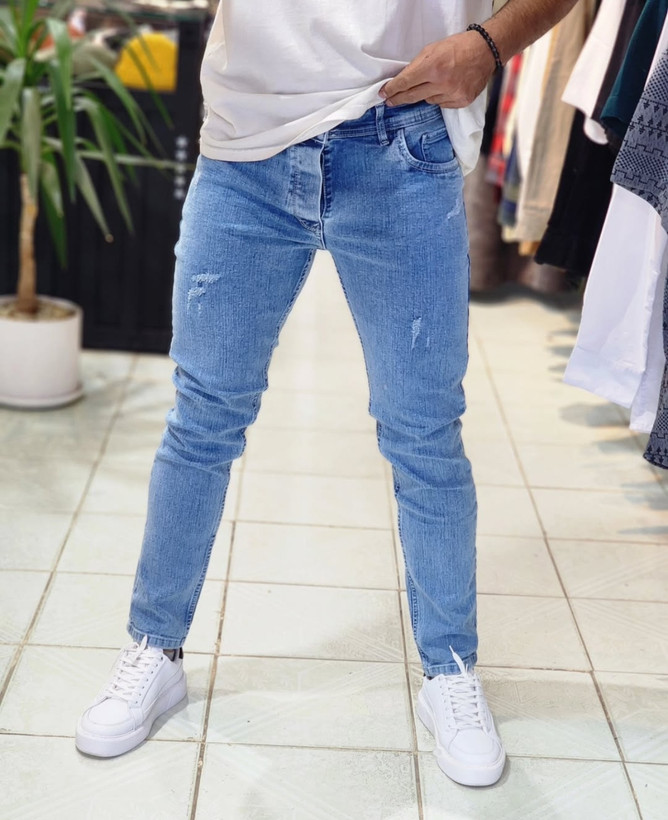 شلوار جین اسلیم فیت مردانه آبی یخی سنگشور فول کش