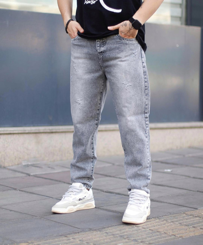 شلوار مام فیت طوسی مردانه پارچه جین کجراه اعلا