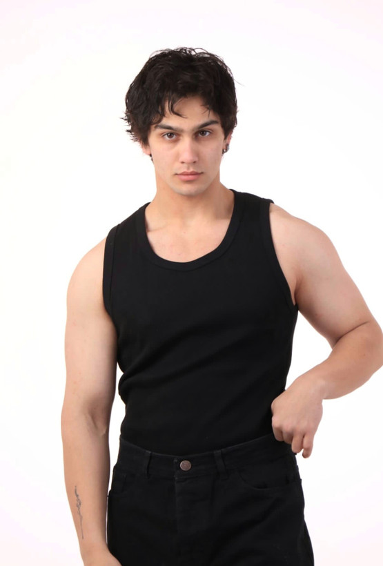 تنک تاپ مشکی مردانه فول کش پارچه کبریتی ریز با کیفیت عالی کد ۲