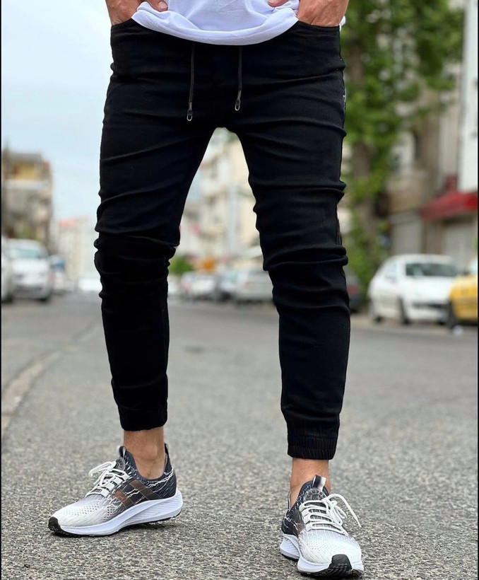 شلوار اسلش کمر و دمپا گتر مشکی مردانه پارچه کتان فول کش اعلا