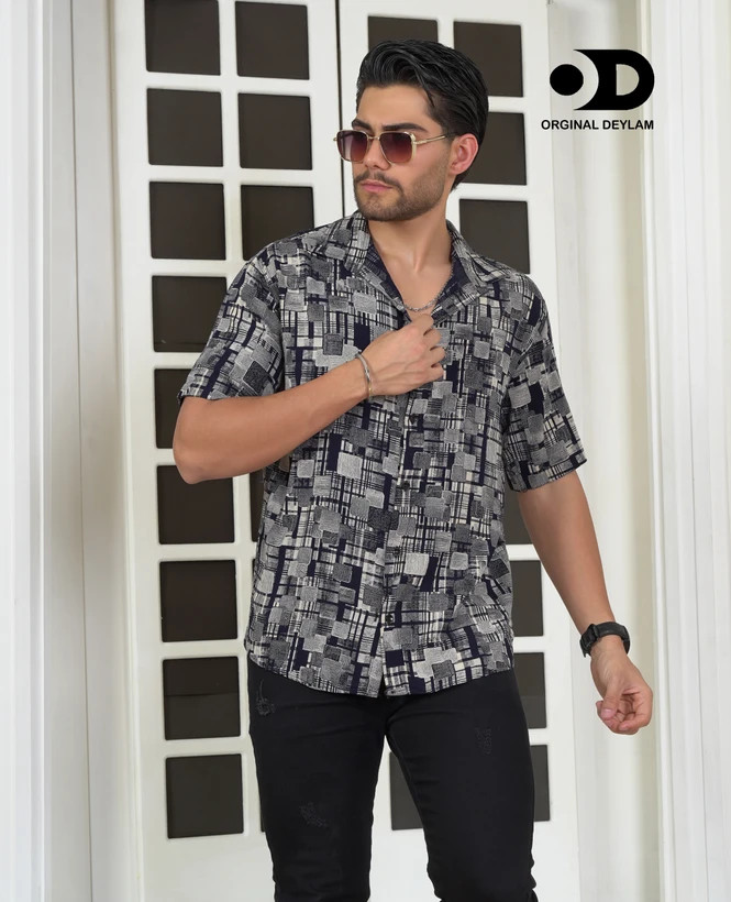 پیراهن نخی هاوایی فوقالعاده خنک پارچه هندی طرح هندسی آرت دکو | قواره لش آستین سه ربع کد ۳