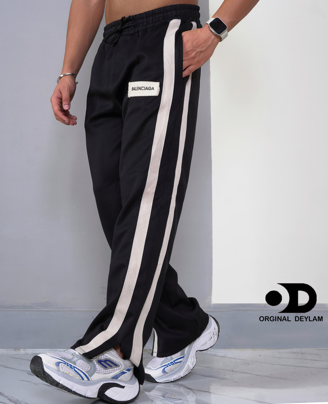 شلوار اسلش نیم بگ مشکی مردانه با نوار لوکس کنفی | پارچه غواصی گرماژ بالا و با کیفیت