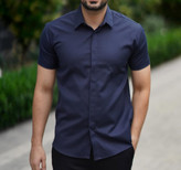 پیراهن آستین کوتاه سرمه ای مردانه ساتن کش پنبه | کیفیت برتر