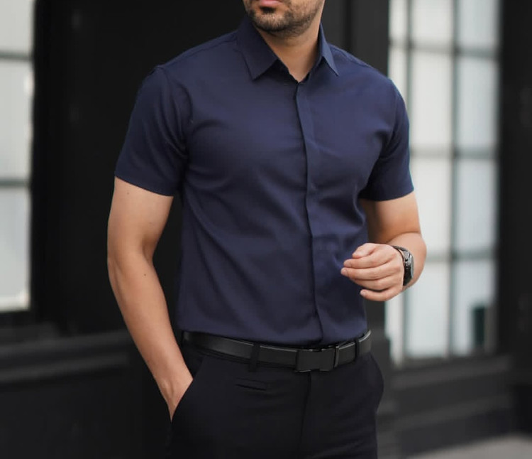 پیراهن آستین کوتاه سرمه ای مردانه ساتن کش پنبه | کیفیت برتر