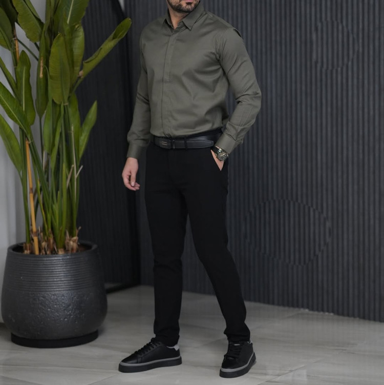 پیراهن سبز فرمی ساتن کش پنبه مردانه کد 451 | اورجینال دیلم