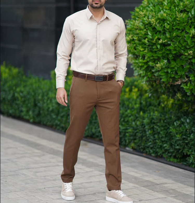 پیراهن کرم روشن ساتن کش پنبه مردانه کد 471