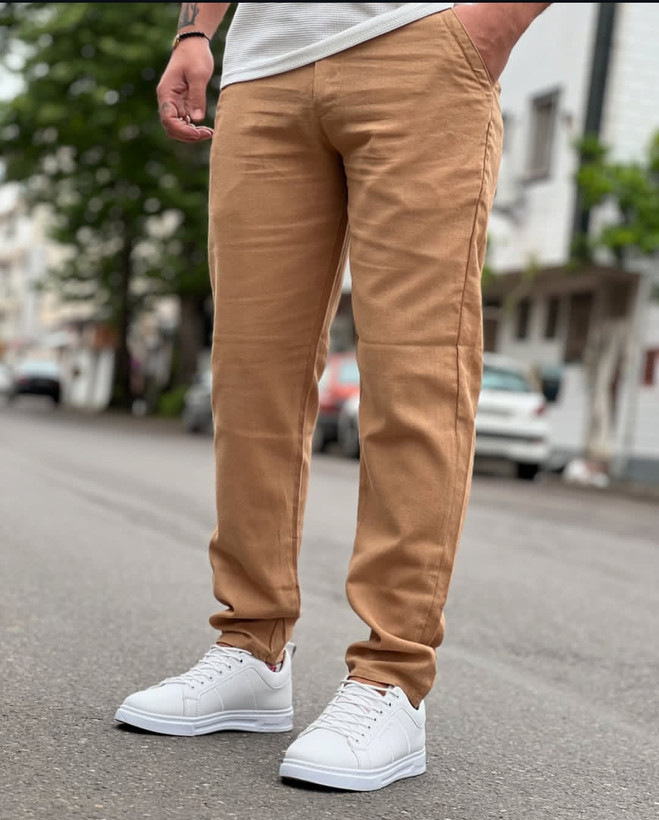 شلوار لینن مام فیت آجری مردانه | فوقالعاده خنک و سبک و با کیفیت