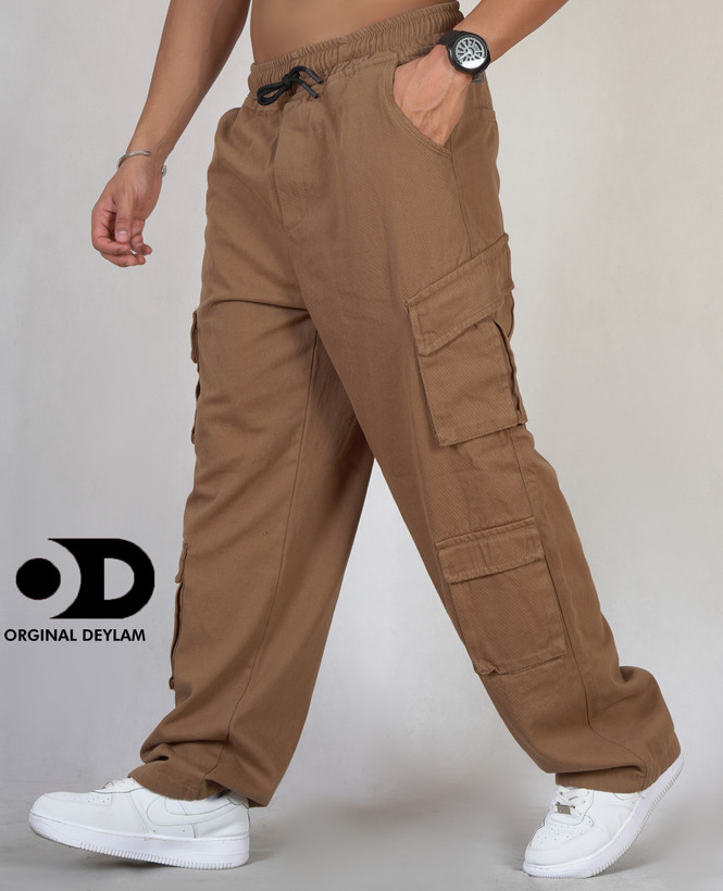 شلوار کارگو کتان کجراه مردانه رنگ موکا قهوه ای تیره