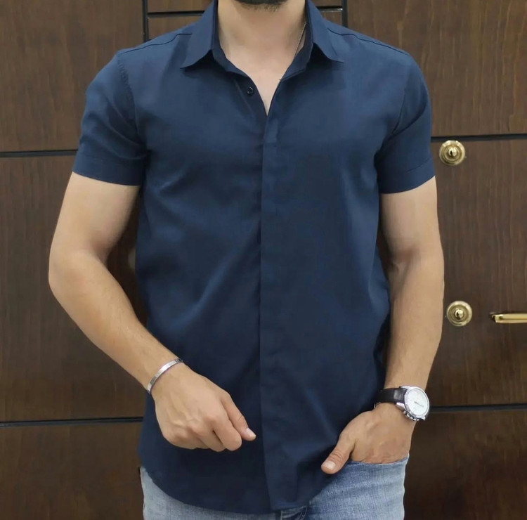 پیراهن آستین کوتاه سرمه ای مردانه پارچه ساتن کش پنبه