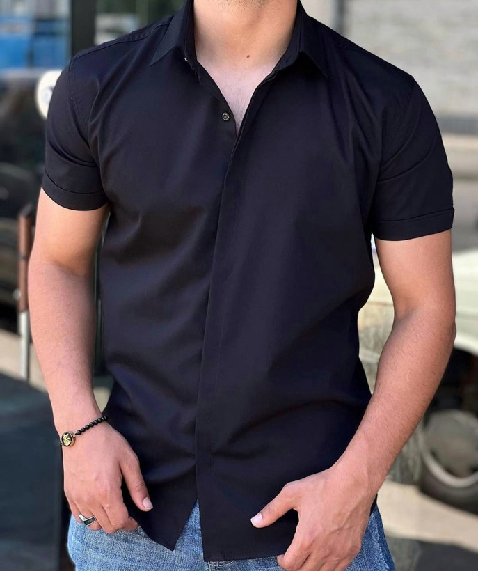 پیراهن آستین کوتاه مشکی مردانه پارچه ساتن کش پنبه
