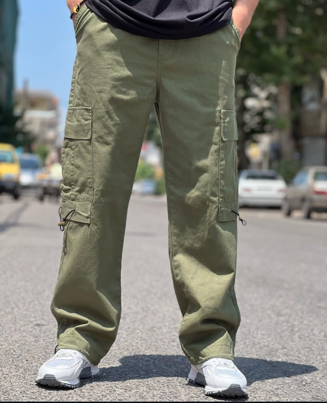 شلوار کارگو سبز آدامسی مردانه پارچه جین کجراه با کیفیت فوقالعاده بالا