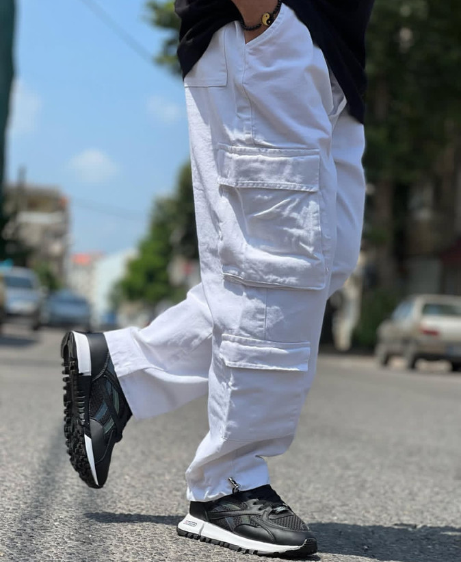 شلوار کارگو سفید مردانه پارچه جین کجراه با کیفیت فوقالعاده بالا