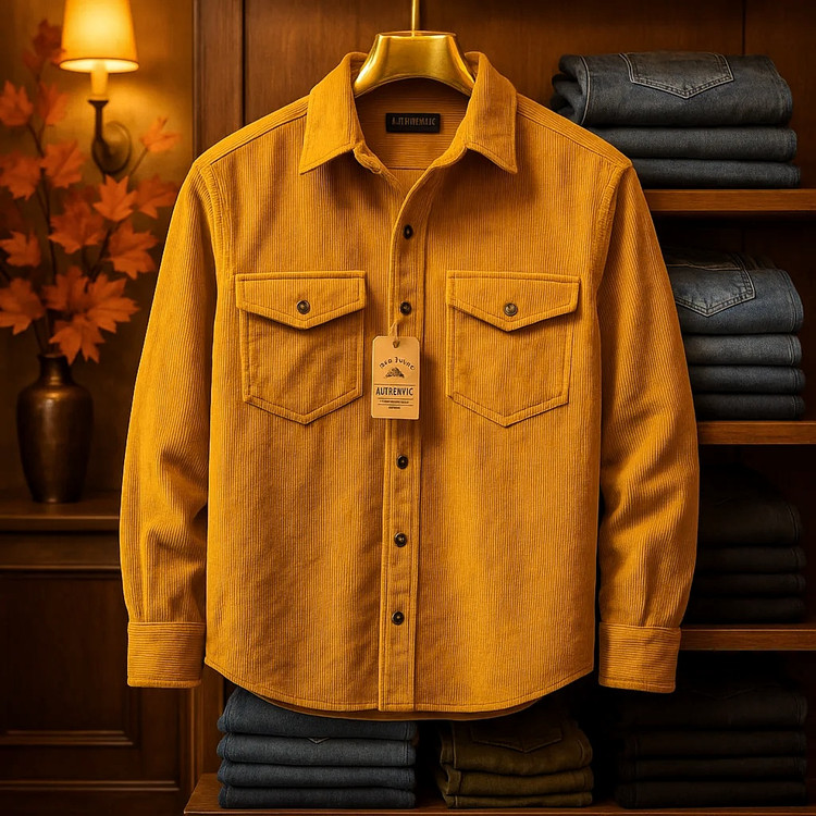 پیراهن مخمل کبریتی زرد پاییزه مردانه دوجیب – کالکشن اورجینال دیلم