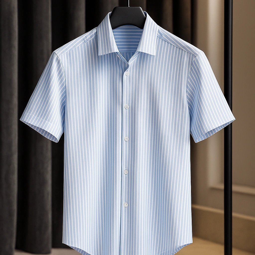 پیراهن آستین کوتاه راه راه آبی آسمانی مردانه پارچه نخ صددرصد | اورجینال دیلم کد 2