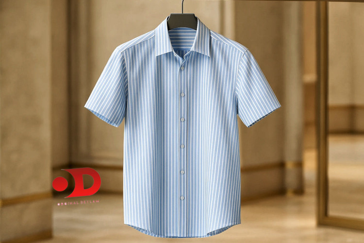 پیراهن آستین کوتاه راه راه آبی آسمانی مردانه پارچه نخ صددرصد | اورجینال دیلم کد 2