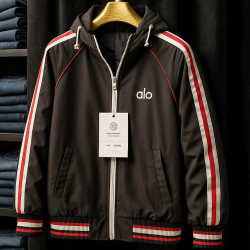 سویشرت بادگیر alo مشکی با نوارهای قرمز/سفید کیفیت عالی