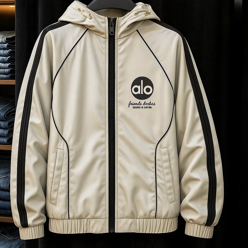 سویشرت بادگیر alo طوسی با نوارهای قرمز/سفید کیفیت عالی