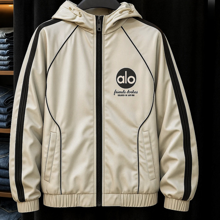 سویشرت بادگیر alo طوسی با نوارهای قرمز/سفید کیفیت عالی