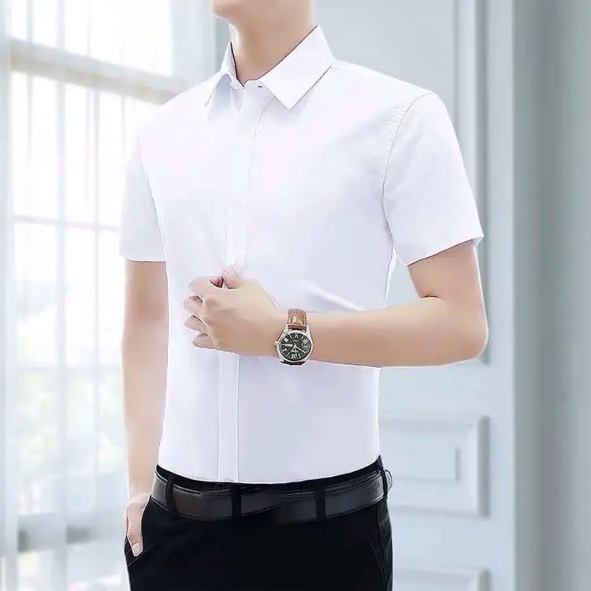 پیراهن آستین کوتاه سفید مردانه ساتن کش