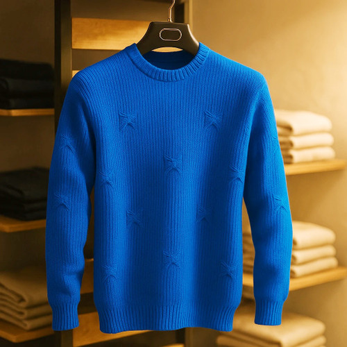 پلیور بافت آبی ایتالیایی یقه گرد فری سایز ضخیم | شیک و ترند اولد مانی ۲۰۲۵