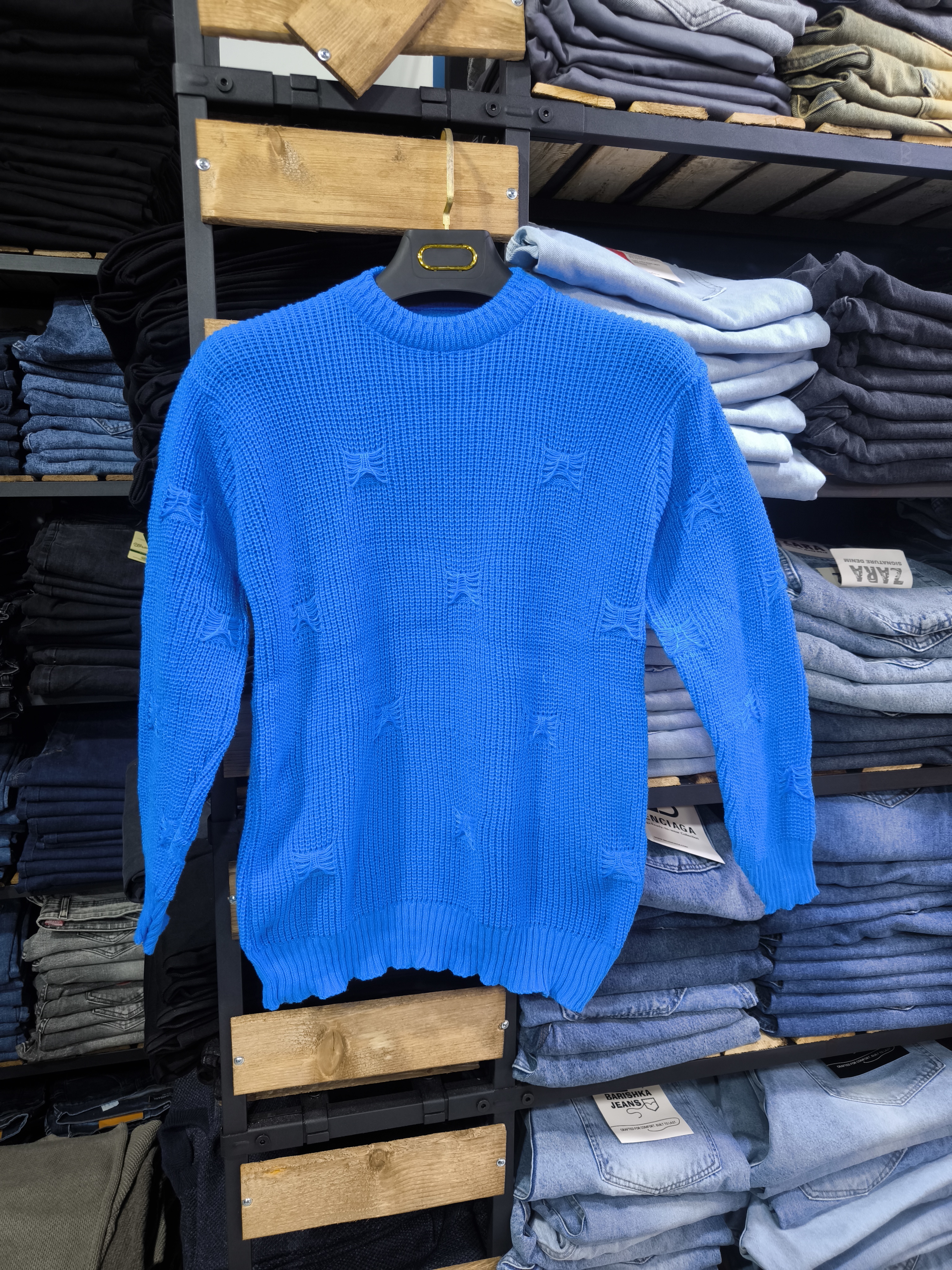 پلیور بافت آبی ایتالیایی یقه گرد فری سایز ضخیم | شیک و ترند اولد مانی ۲۰۲۵