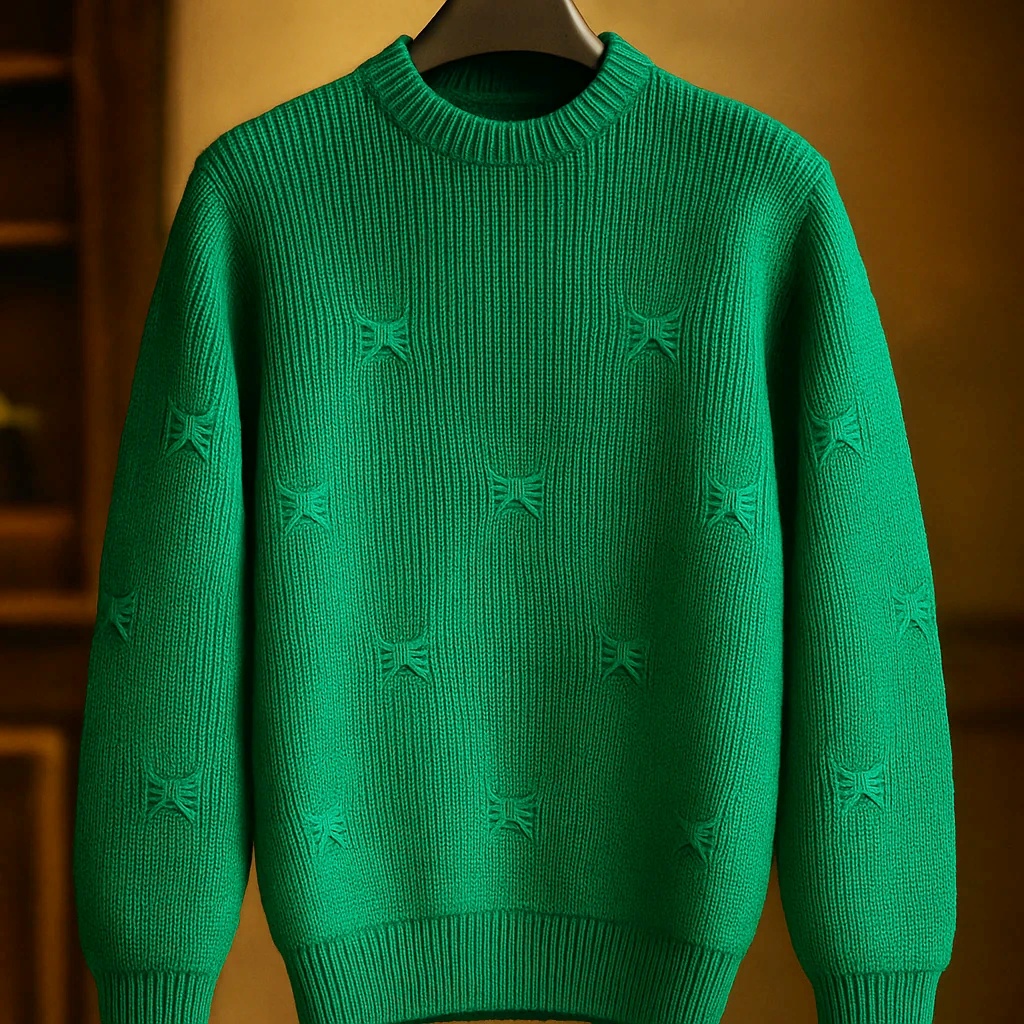 پلیور بافت سبز بوتگا یقه گرد فری سایز ضخیم | شیک و ترند اولد مانی ۲۰۲۵