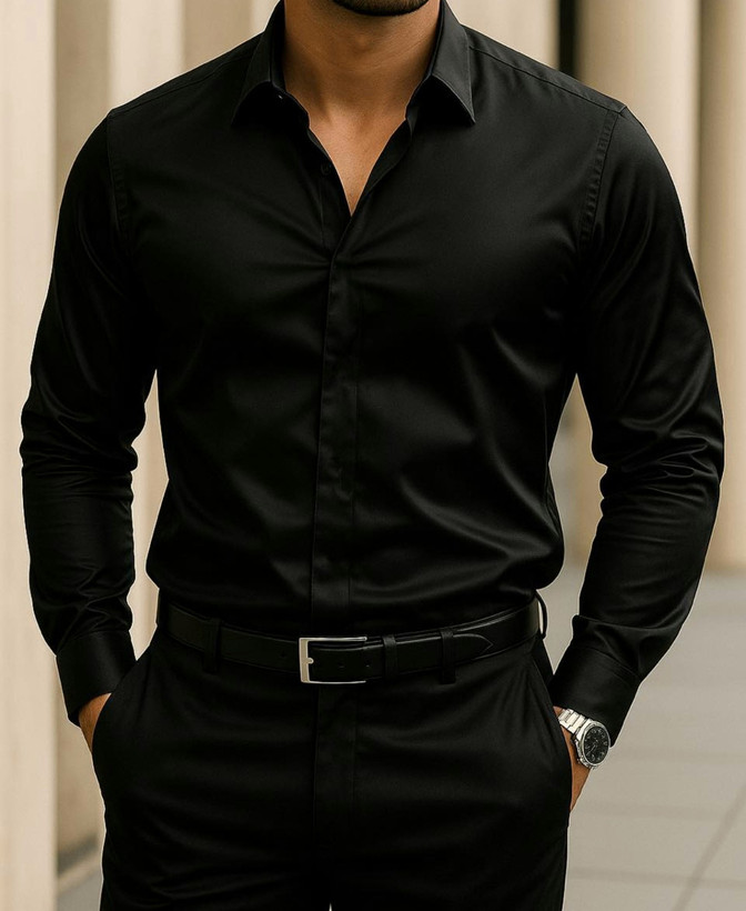 پیراهن آستین بلند مشکی مردانه پارچه ساتن پنبه درجه یک کد ۷۵۷