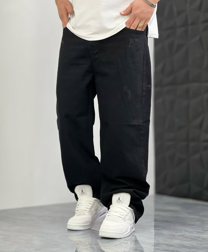 شلوار جین بگ مشکی مردانه پارچه کجراه اعلا پنبه