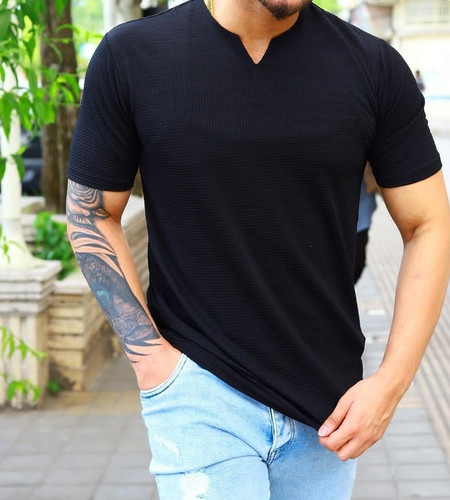 تیشرت مشکی یقه کوبایی پارچه بیسکوییتی فول کش