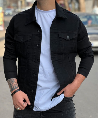 کت جین مشکی مردانه بدون خز پارچه کجراه کپ رگولار