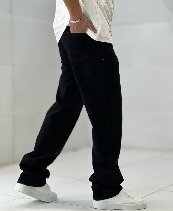 شلوار بگ مشکی مردانه پارچه جین کجراه سنگشور گرماژ بالا