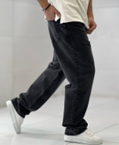 شلوار بگ ذغالی سیر بدون زاپ مردانه پارچه جین کجراه سنگشور گرماژ بالا