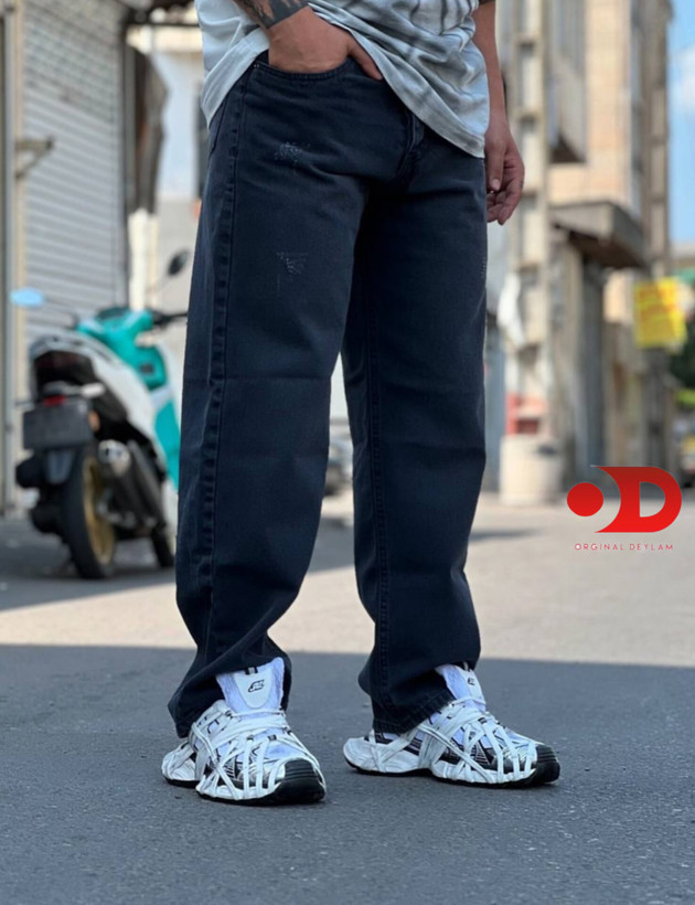 شلوار بگ ذغالی سیر زاپ سطحی مردانه پارچه جین کجراه سنگشور گرماژ بالا