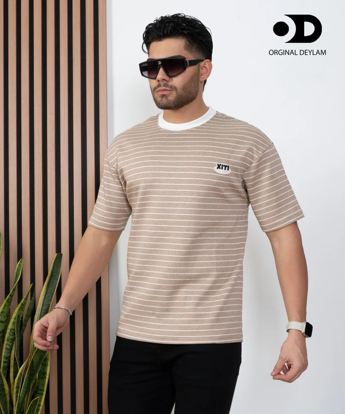 تیشرت خردلی رینگری باکسی مردانه پارچه غواصی گرماژ بالا فول کش