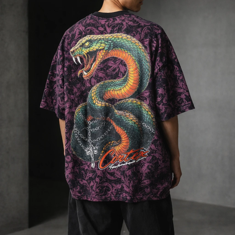 🔥تیشرت فانتزی طرح افعی تمام چاپ(دیزاین سنگین) فانتزی وایب استریت * پشت و رو چاپ باکسی لش® پارچه دورس دونخ پنبه