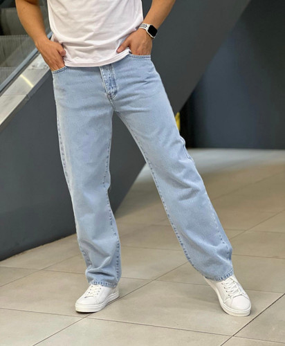 شلوار بگ آبی یخی بدون زاپ بیسیک مردانه پارچه جین سنگشور گرماژ بالا پنبه *اورجینال دیلم