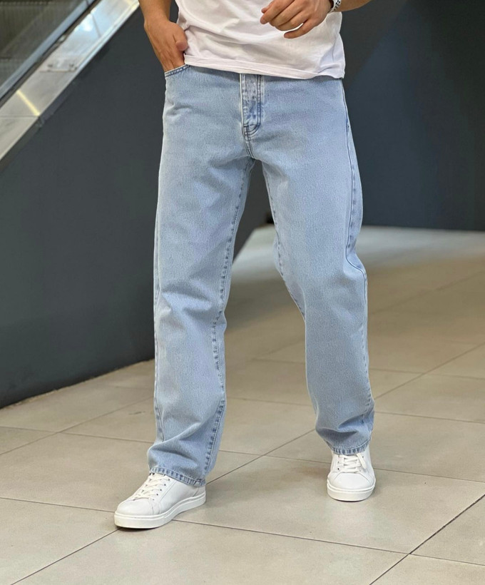 شلوار بگ آبی یخی بدون زاپ بیسیک مردانه پارچه جین سنگشور گرماژ بالا پنبه *اورجینال دیلم